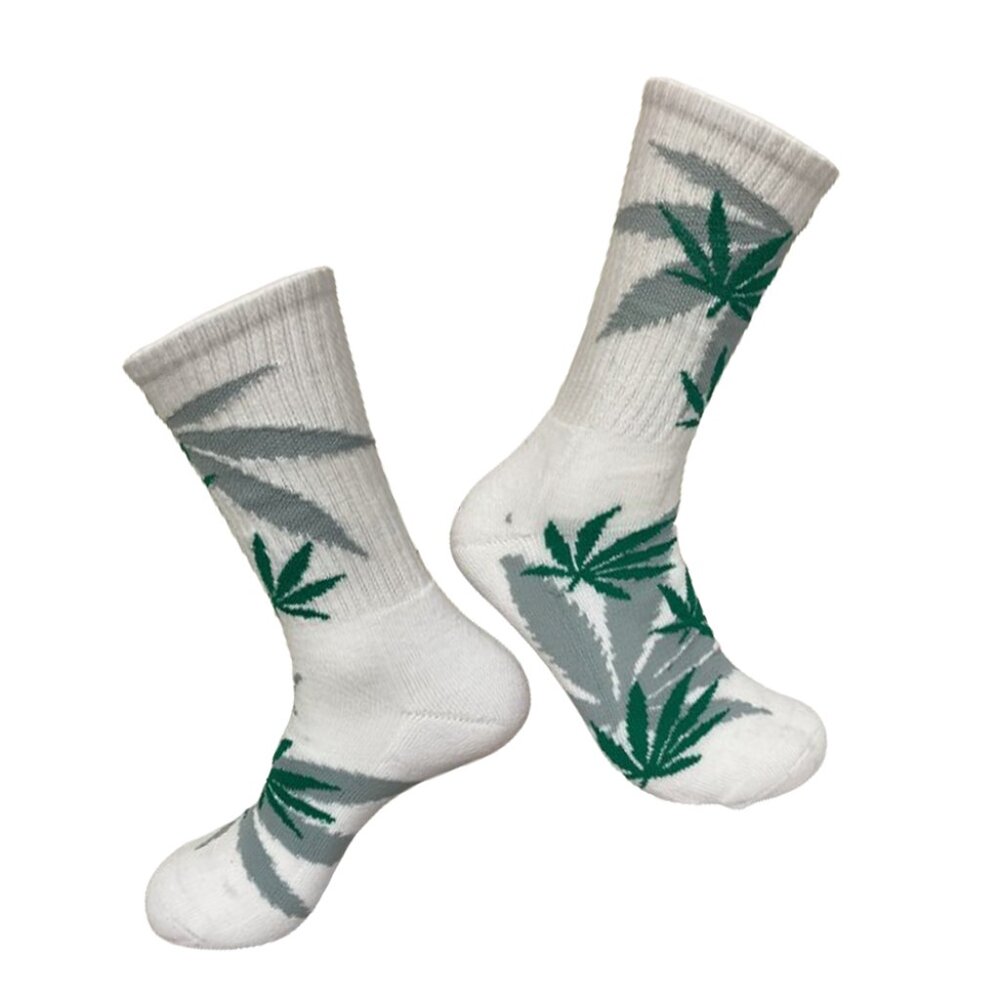 Marijuana Weed Leaf Men/Women sport socks (White w/ Grey & Green Leaves)